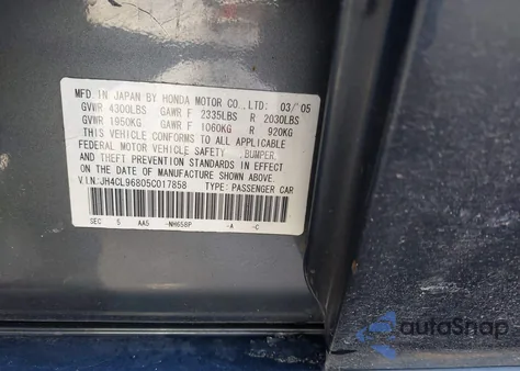 2005 Acura Tsx from USA, damaged, VIN JH4CL96805C017858